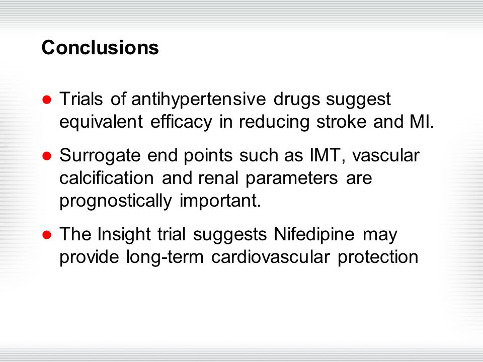 Trials of antihypertensive drugs suggest equivalent efficacy in reducing stroke and MI.