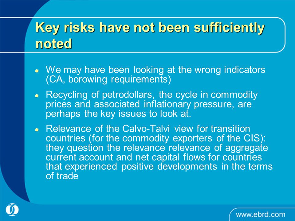Key risks have not been sufficiently noted We may have been looking at the wrong indicators (CA, borowing requirements) Recycling of petrodollars, the cycle in commodity prices and associated inflationary pressure, are perhaps the key issues to look at.