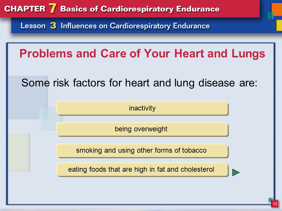 13 Problems and Care of Your Heart and Lungs Some risk factors for heart and lung disease are: inactivity being overweight smoking and using other forms of tobacco eating foods that are high in fat and cholesterol
