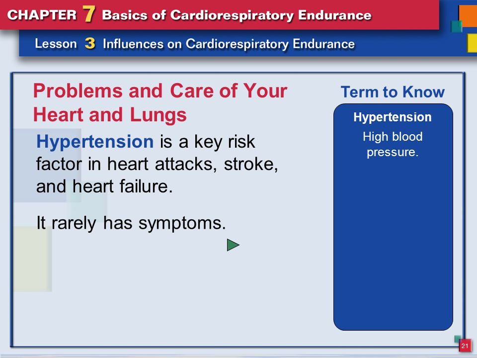21 Problems and Care of Your Heart and Lungs Hypertension is a key risk factor in heart attacks, stroke, and heart failure.
