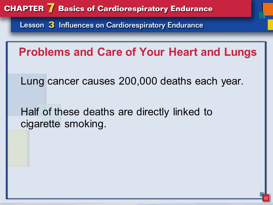 22 Problems and Care of Your Heart and Lungs Lung cancer causes 200,000 deaths each year.