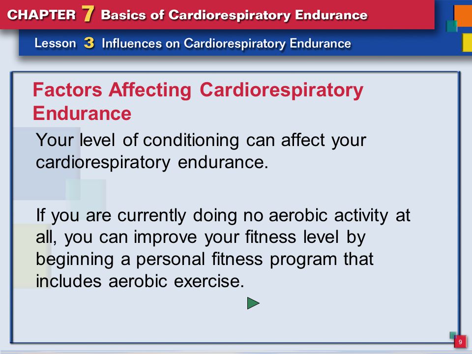 9 Factors Affecting Cardiorespiratory Endurance Your level of conditioning can affect your cardiorespiratory endurance.