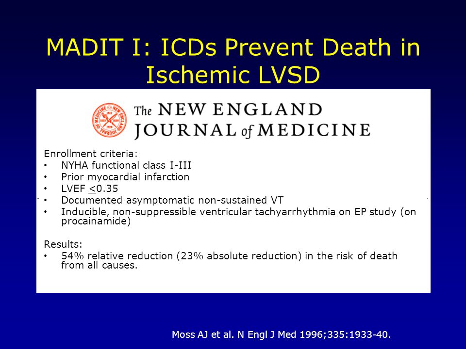 MADIT I: ICDs Prevent Death in Ischemic LVSD Moss AJ et al.