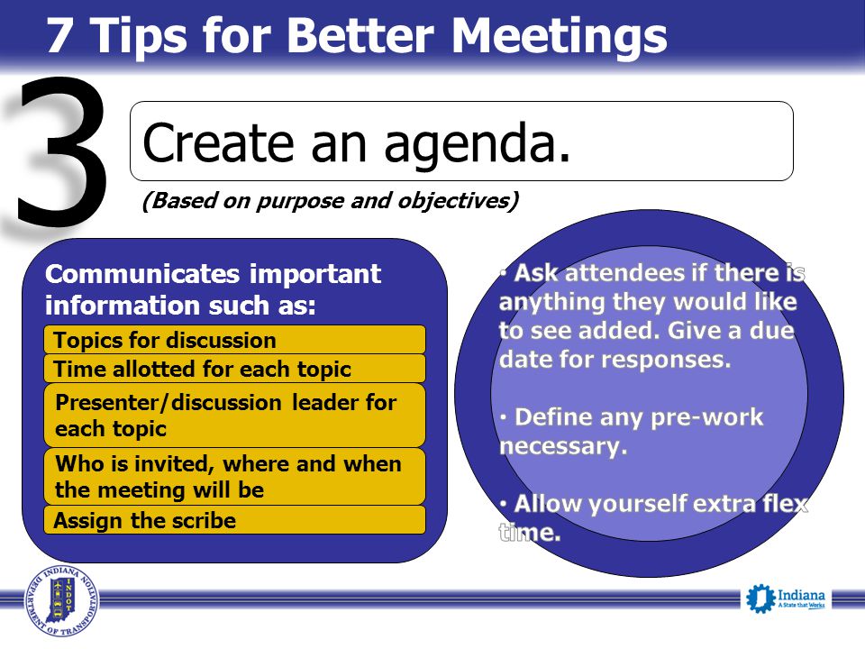 3 3 7 Tips for Better Meetings Create an agenda.