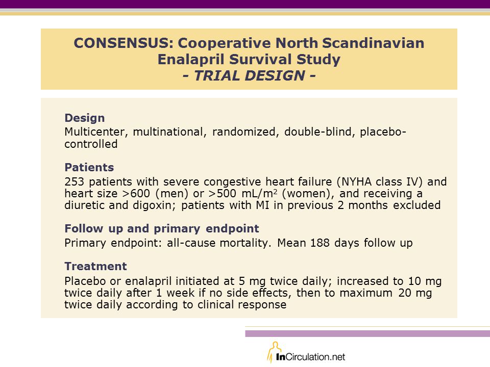 CONSENSUS: Cooperative North Scandinavian Enalapril Survival Study - TRIAL DESIGN - Design Multicenter, multinational, randomized, double-blind, placebo- controlled Patients 253 patients with severe congestive heart failure (NYHA class IV) and heart size >600 (men) or >500 mL/m 2 (women), and receiving a diuretic and digoxin; patients with MI in previous 2 months excluded Follow up and primary endpoint Primary endpoint: all-cause mortality.