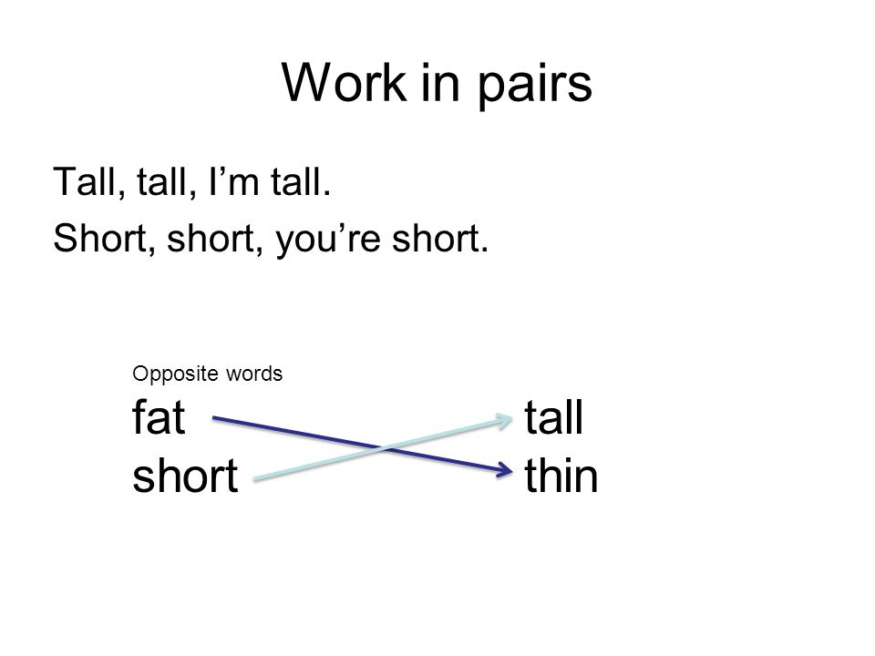 Work in pairs Tall, tall, I’m tall. Short, short, you’re short. Opposite words fat tall short thin