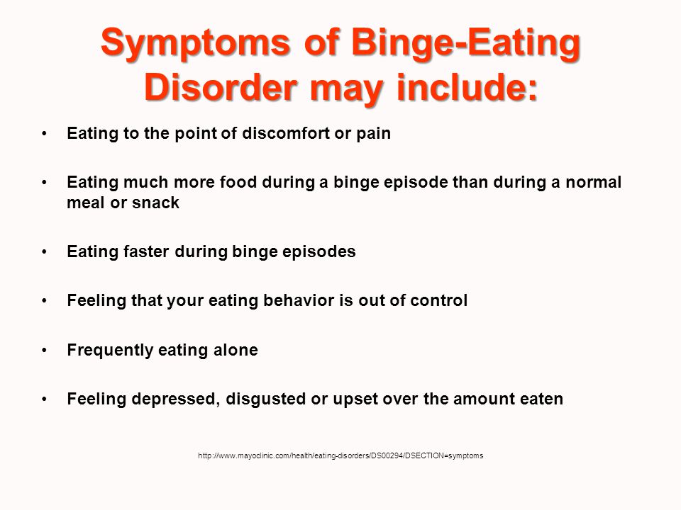 an overview of binge eating disorders A person can be diagnosed as having binge eating disorder (bed) when he or she eats an extreme amount of food over a short period of time without purging the food from the body. an overview of binge eating disorders A person can be diagnosed as having binge eating disorder (bed) when he or she eats an extreme amount of food over a short period of time without purging the food from the body.