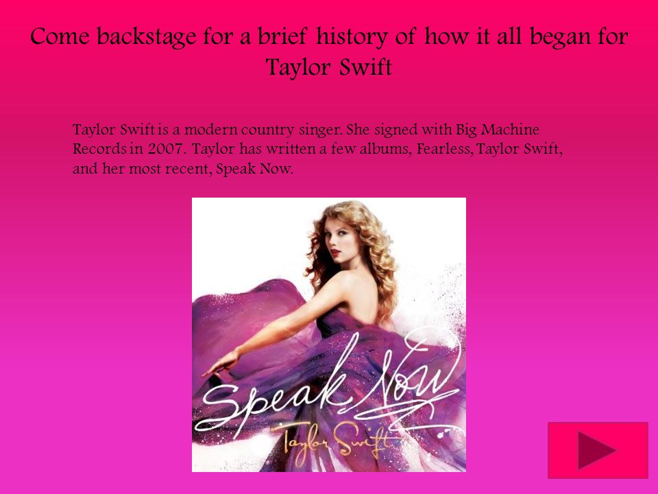 Come backstage for a brief history of how it all began for Taylor Swift Taylor Swift is a modern country singer.