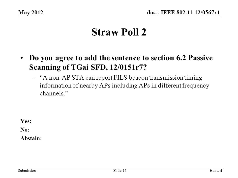 doc.: IEEE /0567r1 Submission May 2012 Huawei Straw Poll 2 Do you agree to add the sentence to section 6.2 Passive Scanning of TGai SFD, 12/0151r7.