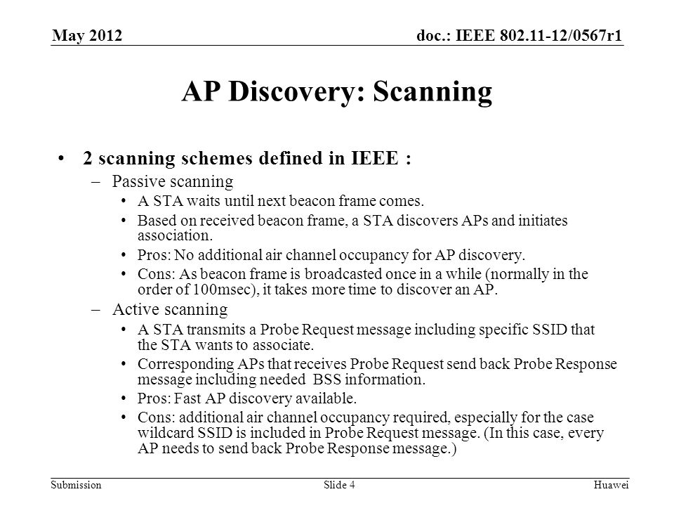 doc.: IEEE /0567r1 Submission May 2012 Huawei AP Discovery: Scanning 2 scanning schemes defined in IEEE : –Passive scanning A STA waits until next beacon frame comes.