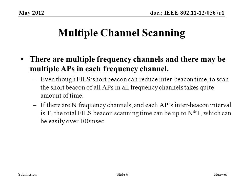 doc.: IEEE /0567r1 Submission May 2012 Huawei Multiple Channel Scanning There are multiple frequency channels and there may be multiple APs in each frequency channel.