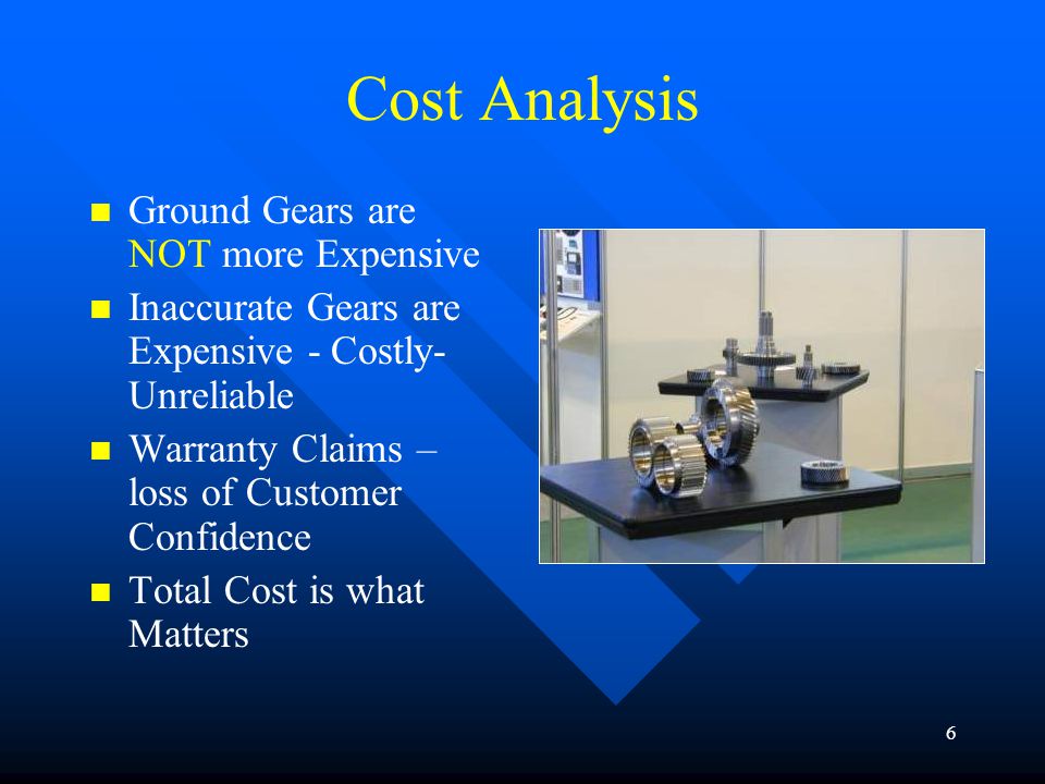 6 Cost Analysis Ground Gears are NOT more Expensive Inaccurate Gears are Expensive - Costly- Unreliable Warranty Claims – loss of Customer Confidence Total Cost is what Matters
