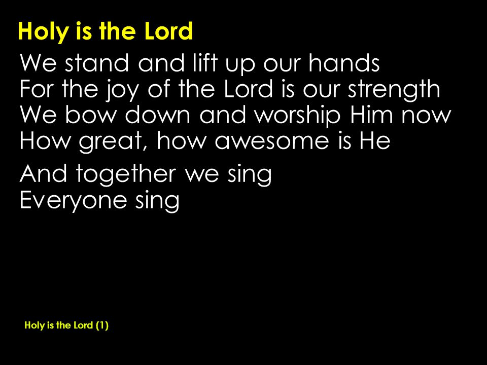 Holy is the Lord We stand and lift up our hands For the joy of the Lord is our strength We bow down and worship Him now How great, how awesome is He And together we sing Everyone sing Holy is the Lord (1)