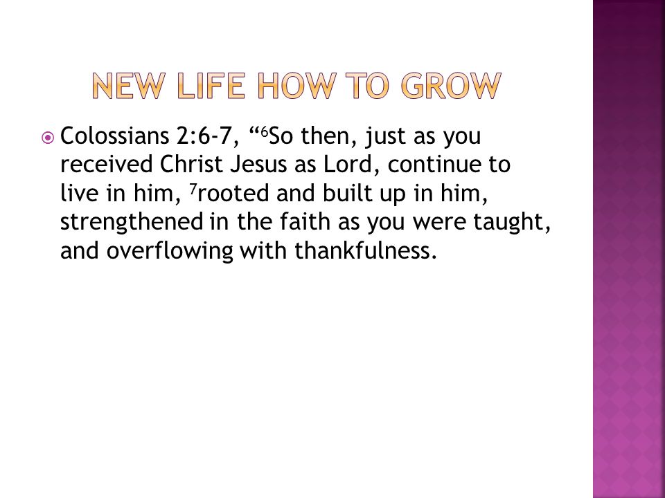  Colossians 2:6-7, 6 So then, just as you received Christ Jesus as Lord, continue to live in him, 7 rooted and built up in him, strengthened in the faith as you were taught, and overflowing with thankfulness.