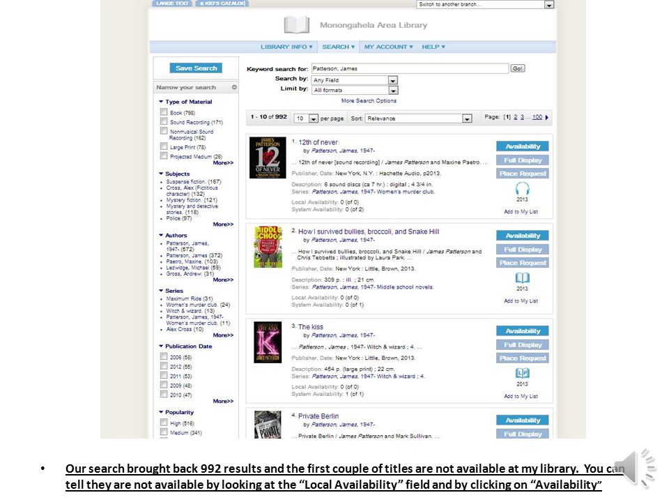 Once you have selected your library, perform a keyword search by typing into the search bar; you can search by author, title, subject, or keyword.