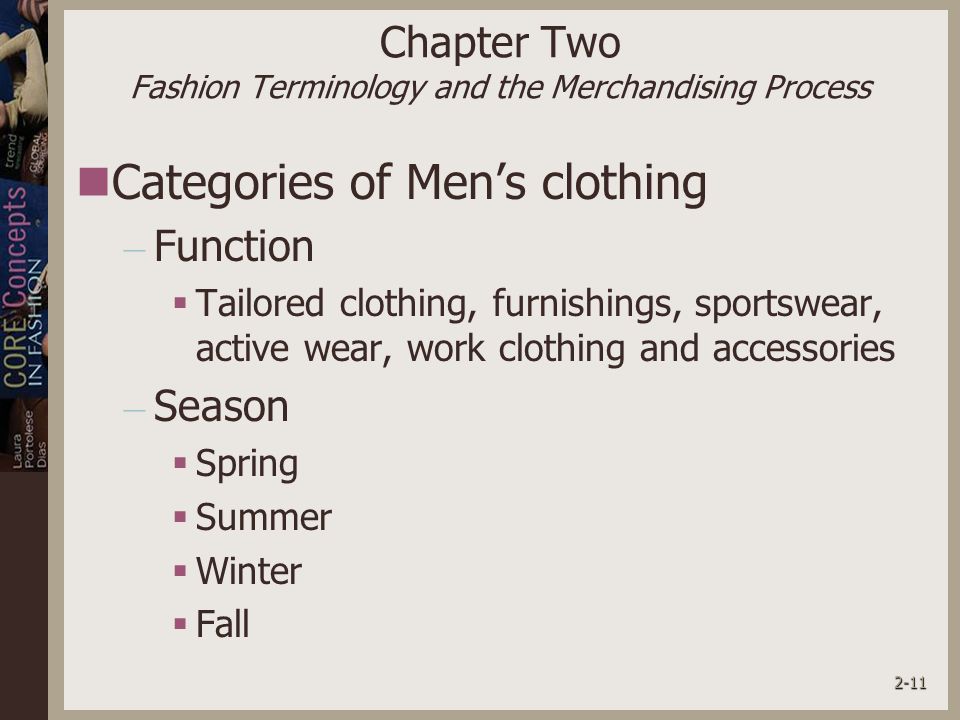 2-11 Chapter Two Fashion Terminology and the Merchandising Process Categories of Men’s clothing – Function  Tailored clothing, furnishings, sportswear, active wear, work clothing and accessories – Season  Spring  Summer  Winter  Fall