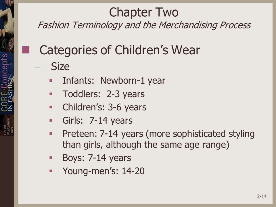 2-14 Chapter Two Fashion Terminology and the Merchandising Process Categories of Children’s Wear – Size  Infants: Newborn-1 year  Toddlers: 2-3 years  Children’s: 3-6 years  Girls: 7-14 years  Preteen: 7-14 years (more sophisticated styling than girls, although the same age range)  Boys: 7-14 years  Young-men’s: 14-20