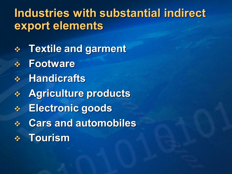 Industries with substantial indirect export elements  Textile and garment  Footware  Handicrafts  Agriculture products  Electronic goods  Cars and automobiles  Tourism