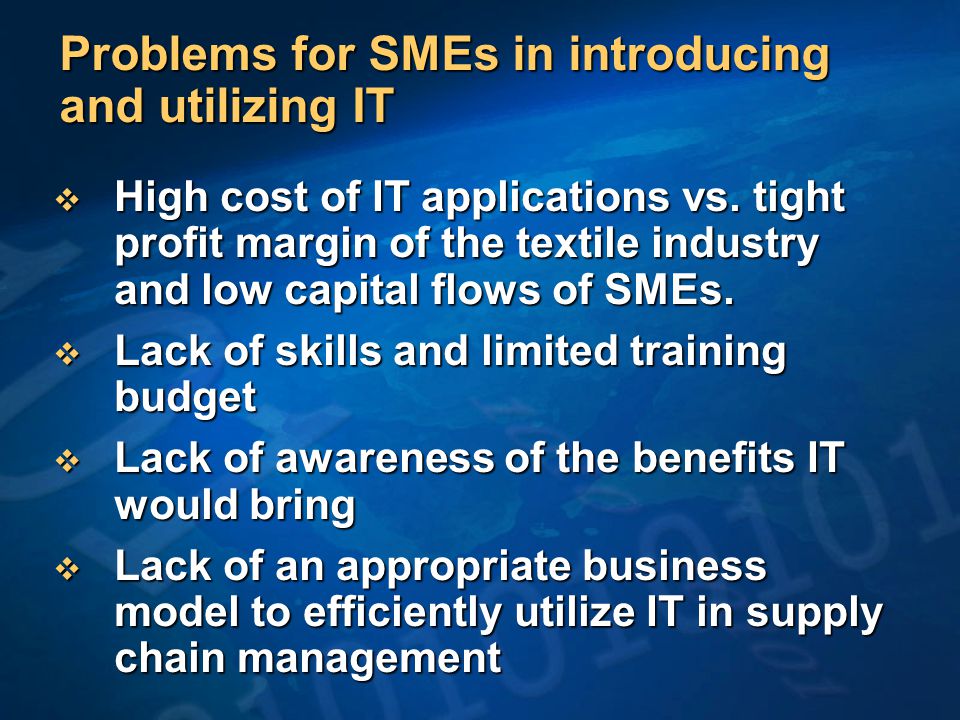 Problems for SMEs in introducing and utilizing IT  High cost of IT applications vs.