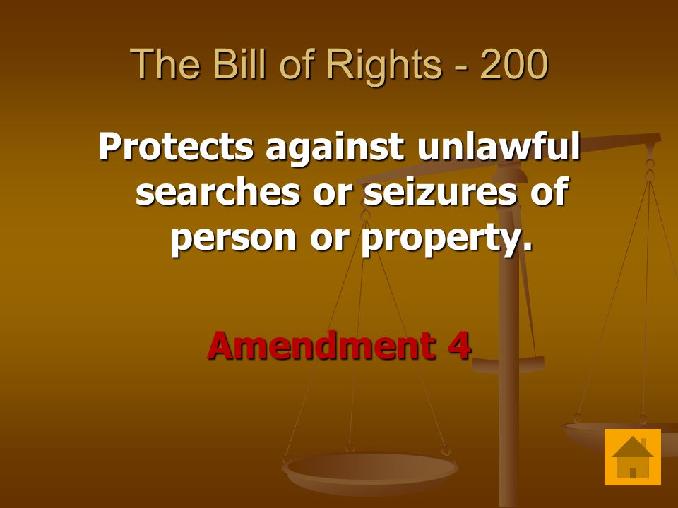 The Bill of Rights Protects against unlawful searches or seizures of person or property.