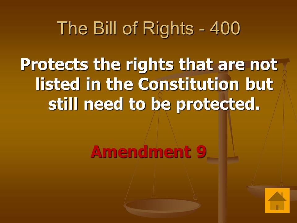 The Bill of Rights Protects the rights that are not listed in the Constitution but still need to be protected.