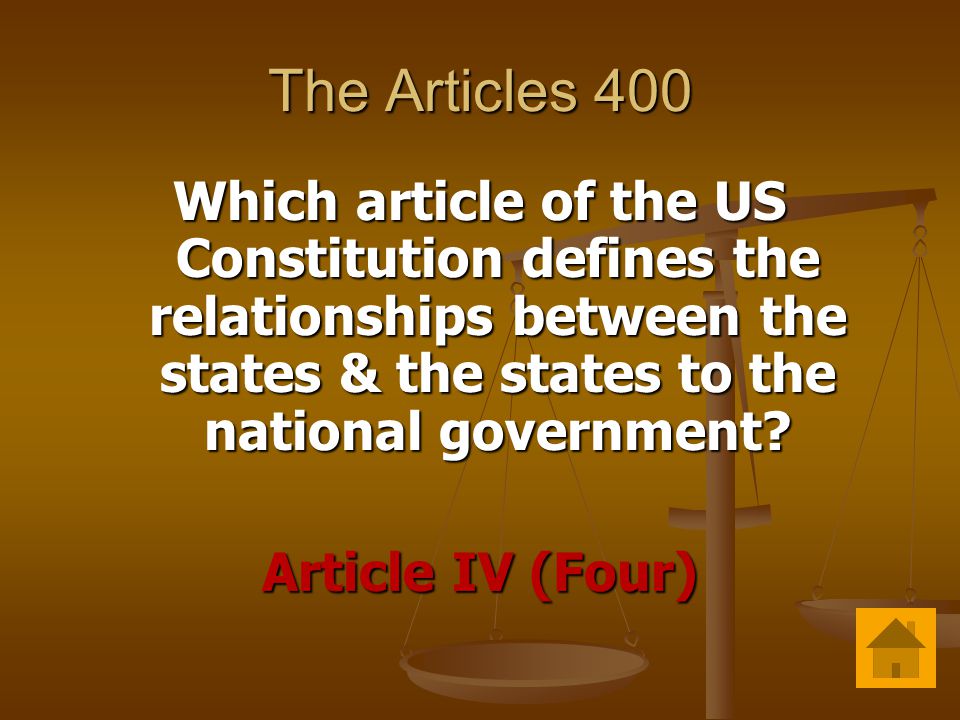 The Articles 400 Which article of the US Constitution defines the relationships between the states & the states to the national government.