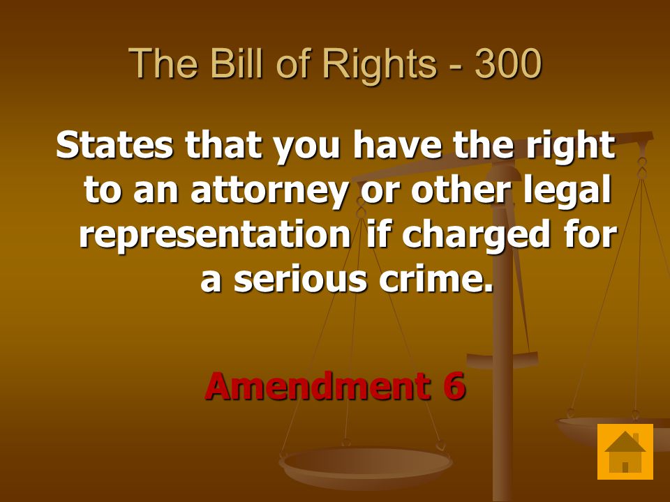 The Bill of Rights States that you have the right to an attorney or other legal representation if charged for a serious crime.