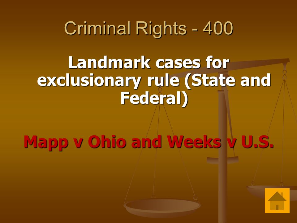 Criminal Rights Landmark cases for exclusionary rule (State and Federal) Mapp v Ohio and Weeks v U.S.