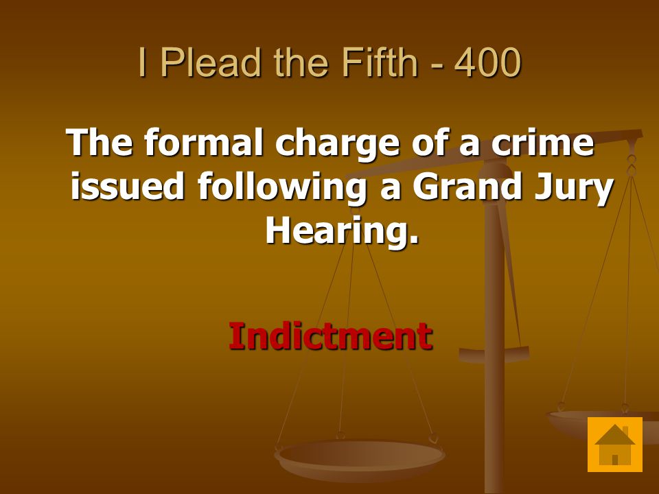 I Plead the Fifth The formal charge of a crime issued following a Grand Jury Hearing.