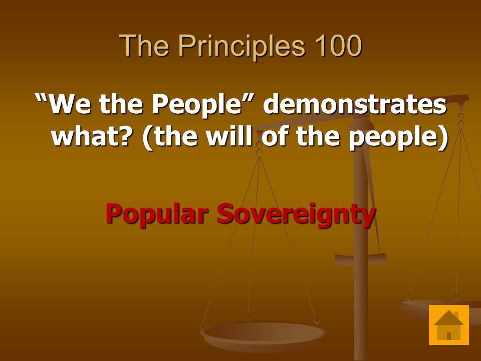 The Principles 100 We the People demonstrates what (the will of the people) Popular Sovereignty