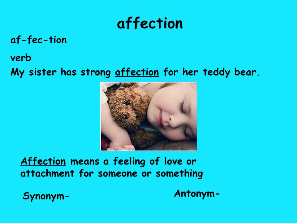 affection af-fec-tion verb My sister has strong affection for her teddy bear.