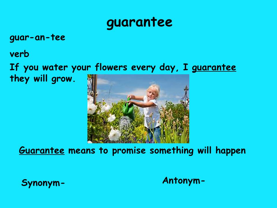 guarantee guar-an-tee verb If you water your flowers every day, I guarantee they will grow.