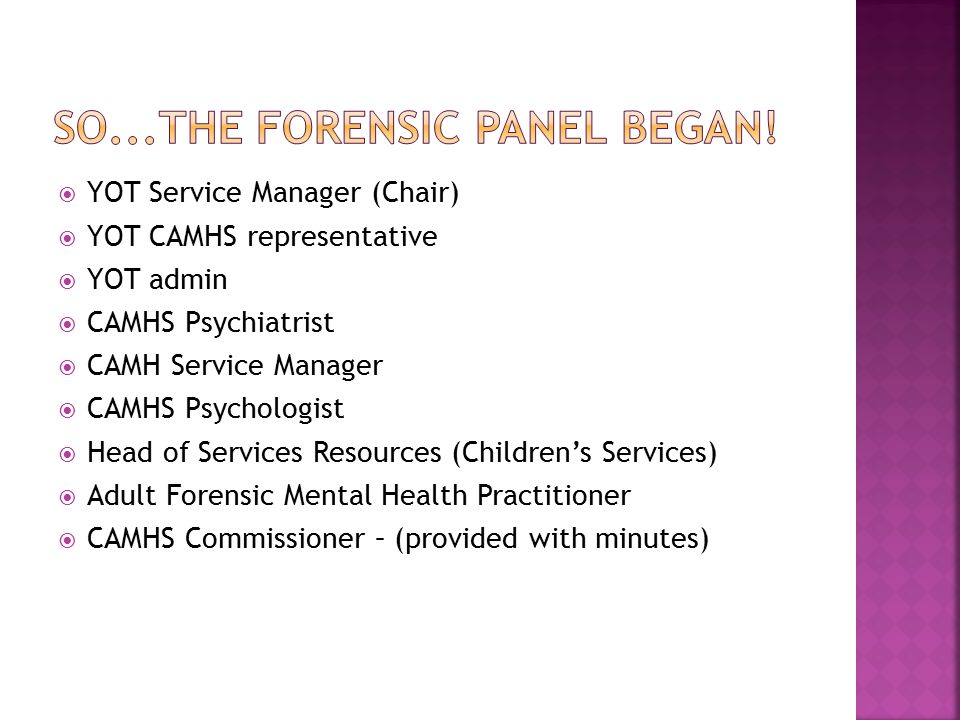  YOT Service Manager (Chair)  YOT CAMHS representative  YOT admin  CAMHS Psychiatrist  CAMH Service Manager  CAMHS Psychologist  Head of Services Resources (Children’s Services)  Adult Forensic Mental Health Practitioner  CAMHS Commissioner – (provided with minutes)