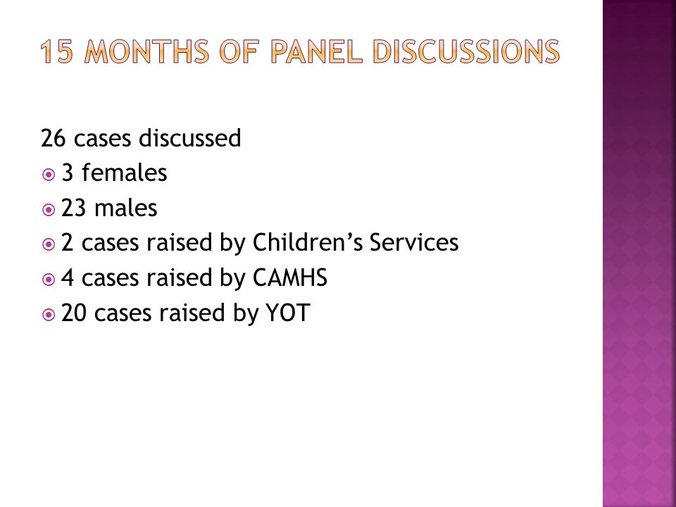 26 cases discussed  3 females  23 males  2 cases raised by Children’s Services  4 cases raised by CAMHS  20 cases raised by YOT