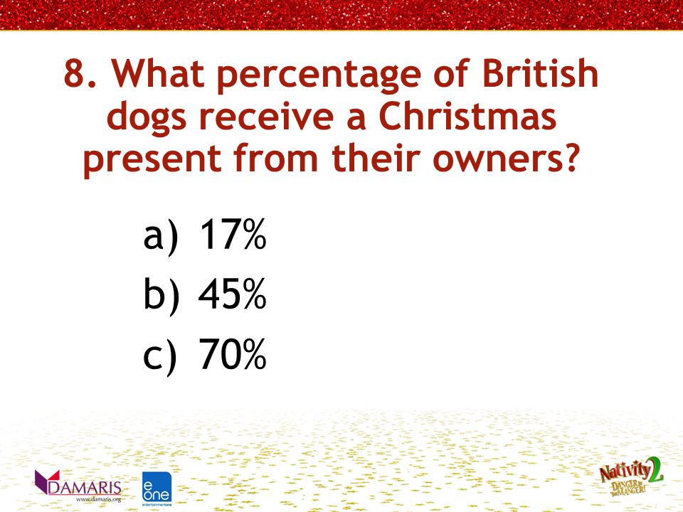 8. What percentage of British dogs receive a Christmas present from their owners a)17% b)45% c)70%