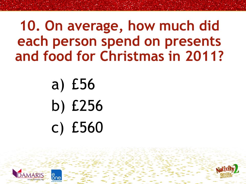 10. On average, how much did each person spend on presents and food for Christmas in