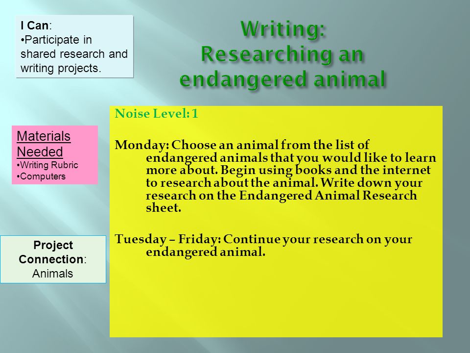 Noise Level: 1 Monday: Choose an animal from the list of endangered animals that you would like to learn more about.