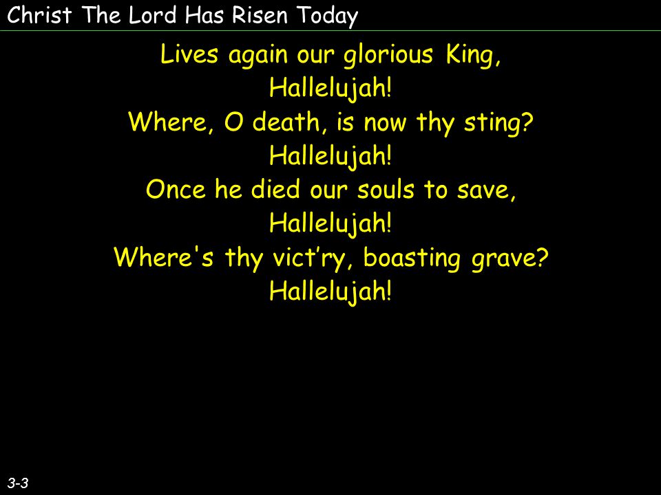 Christ The Lord Has Risen Today 3-3 Lives again our glorious King, Hallelujah.
