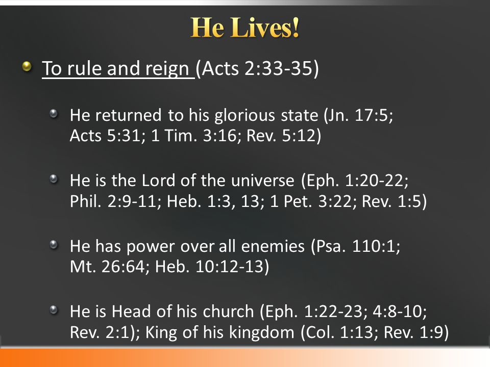 To rule and reign (Acts 2:33-35) He returned to his glorious state (Jn.