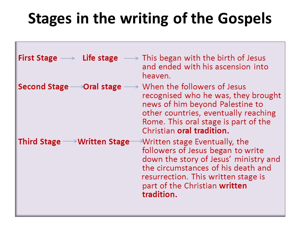Stages in the writing of the Gospels First Stage Life stage This began with the birth of Jesus and ended with his ascension into heaven.