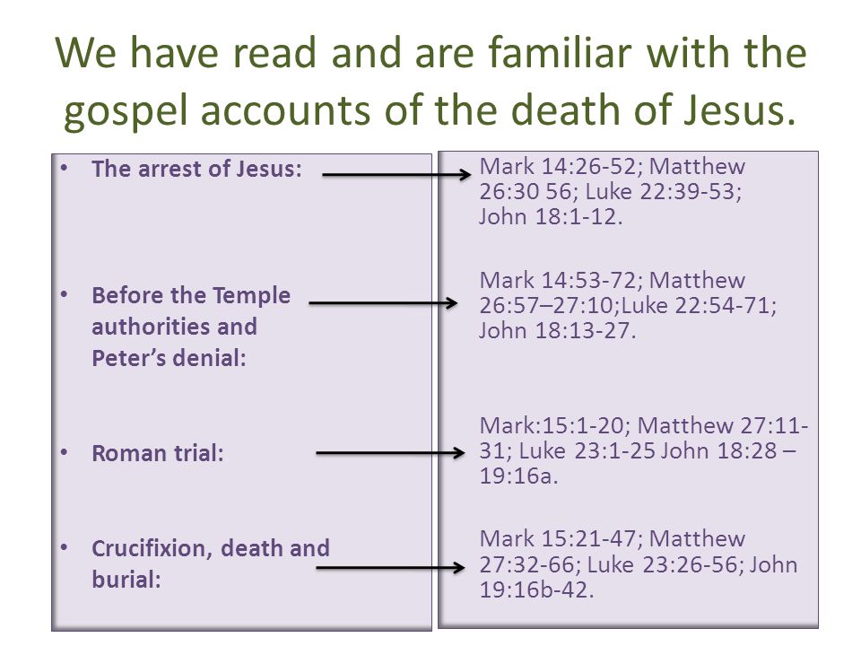 We have read and are familiar with the gospel accounts of the death of Jesus.