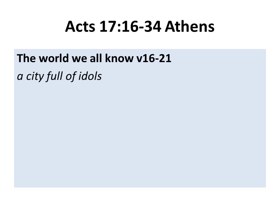 Acts 17:16-34 Athens The world we all know v16-21 a city full of idols