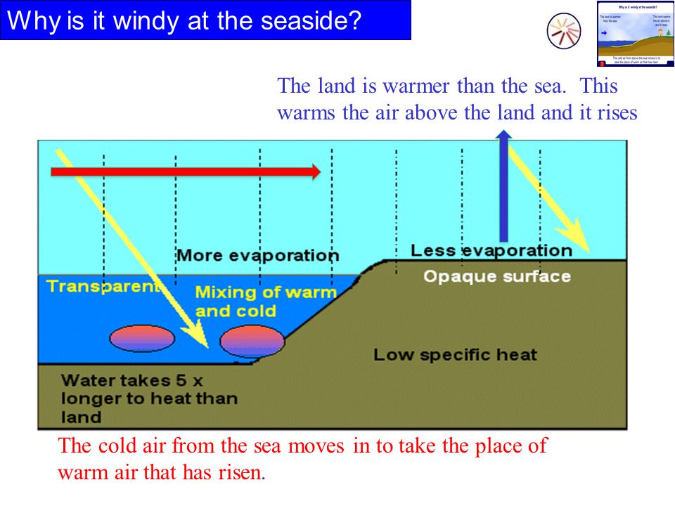 Why is it windy at the seaside. The land is warmer than the sea.