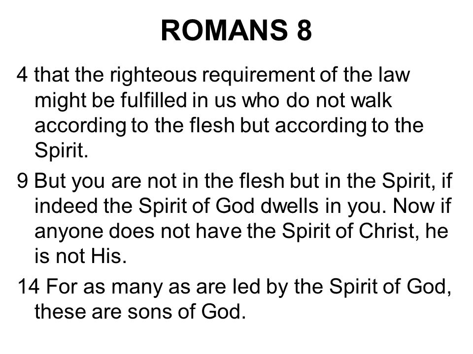 ROMANS 8 4 that the righteous requirement of the law might be fulfilled in us who do not walk according to the flesh but according to the Spirit.