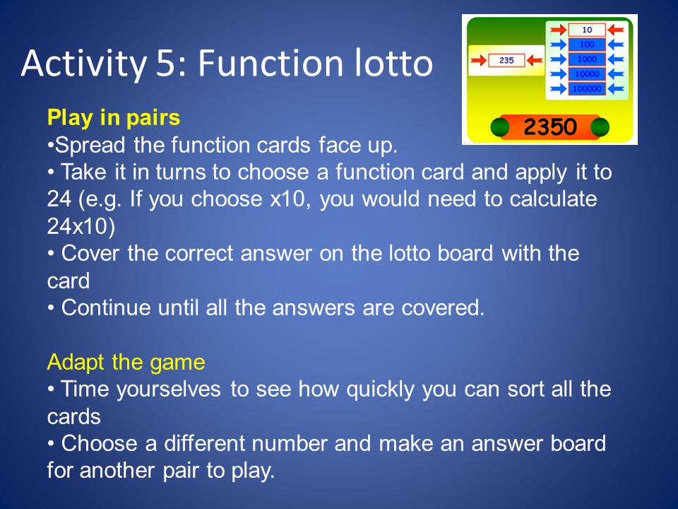 Activity 5: Function lotto Play in pairs Spread the function cards face up.