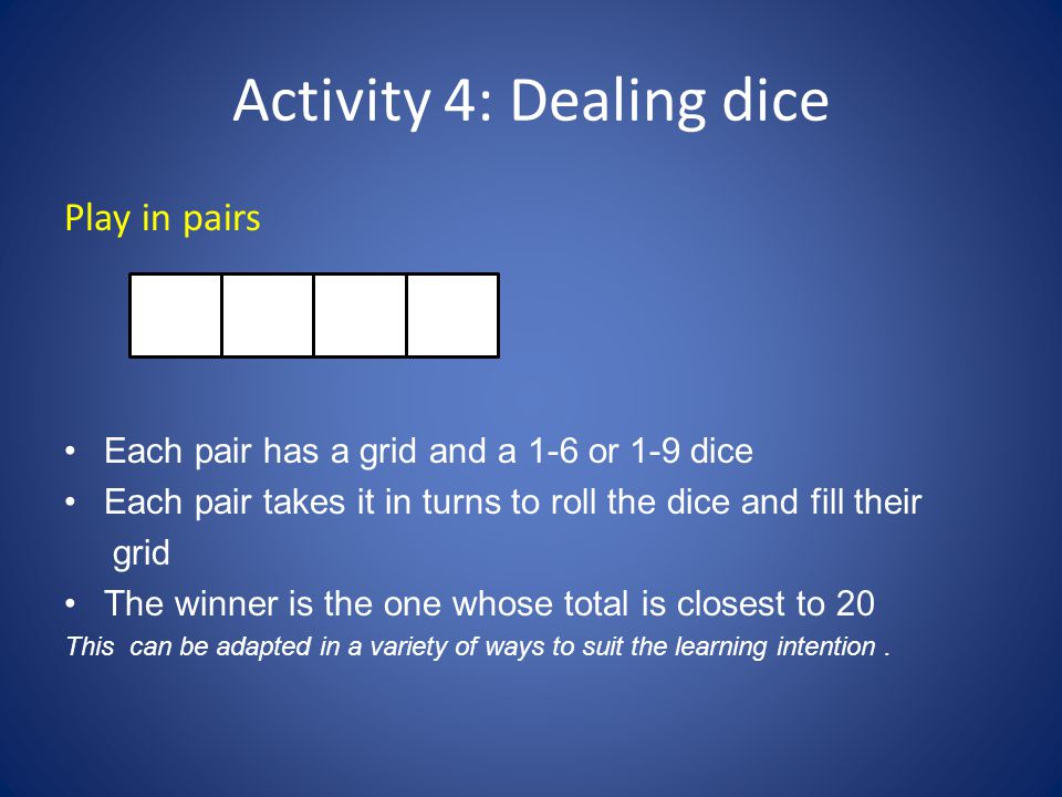 Activity 4: Dealing dice Play in pairs Each pair has a grid and a 1-6 or 1-9 dice Each pair takes it in turns to roll the dice and fill their grid The winner is the one whose total is closest to 20 This can be adapted in a variety of ways to suit the learning intention.