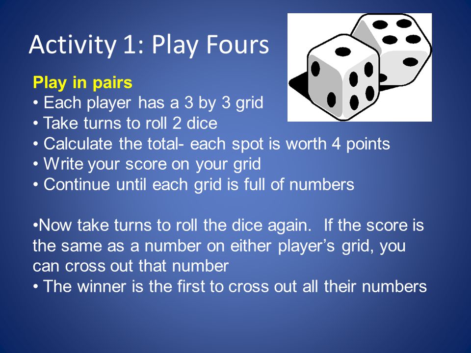 Activity 1: Play Fours Play in pairs Each player has a 3 by 3 grid Take turns to roll 2 dice Calculate the total- each spot is worth 4 points Write your score on your grid Continue until each grid is full of numbers Now take turns to roll the dice again.
