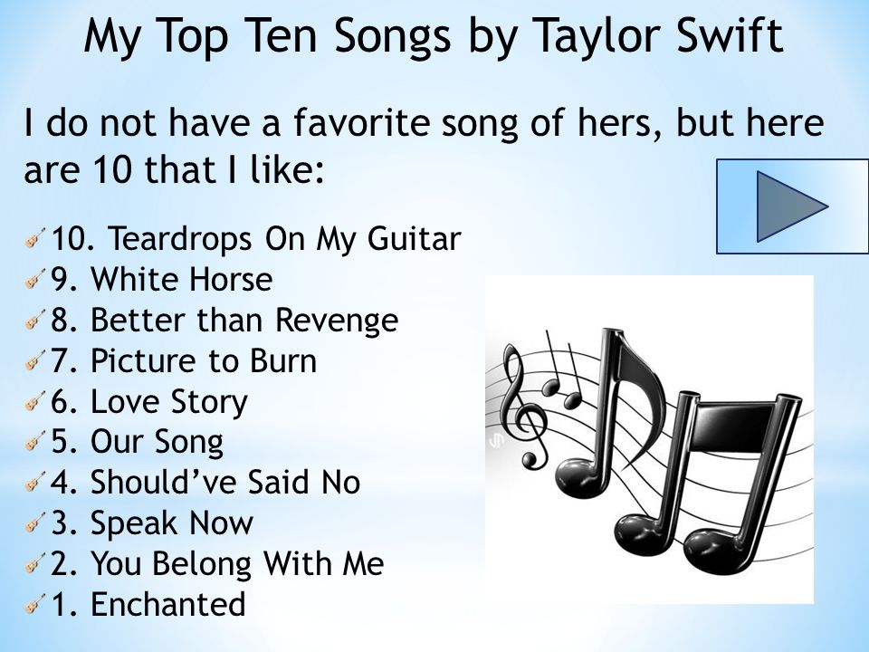 My Top Ten Songs by Taylor Swift I do not have a favorite song of hers, but here are 10 that I like: 10.