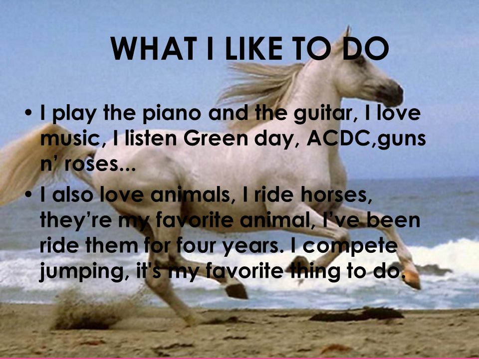 WHAT I LIKE TO DO I play the piano and the guitar, I love music, I listen Green day, ACDC,guns n’ roses...