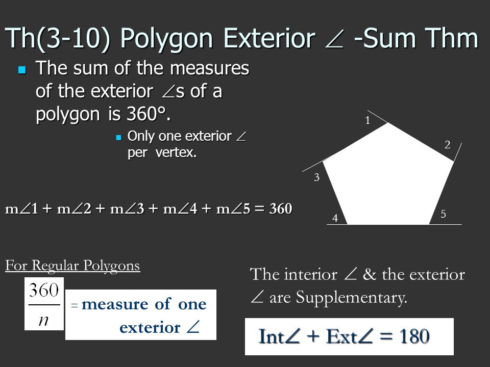 Th(3-10) Polygon Exterior  -Sum Thm The sum of the measures of the exterior  s of a polygon is 360°.